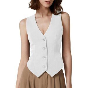 Women's White V Neck Vest Top Sleeveless Button Down Fully Lined Solid Crop Tops